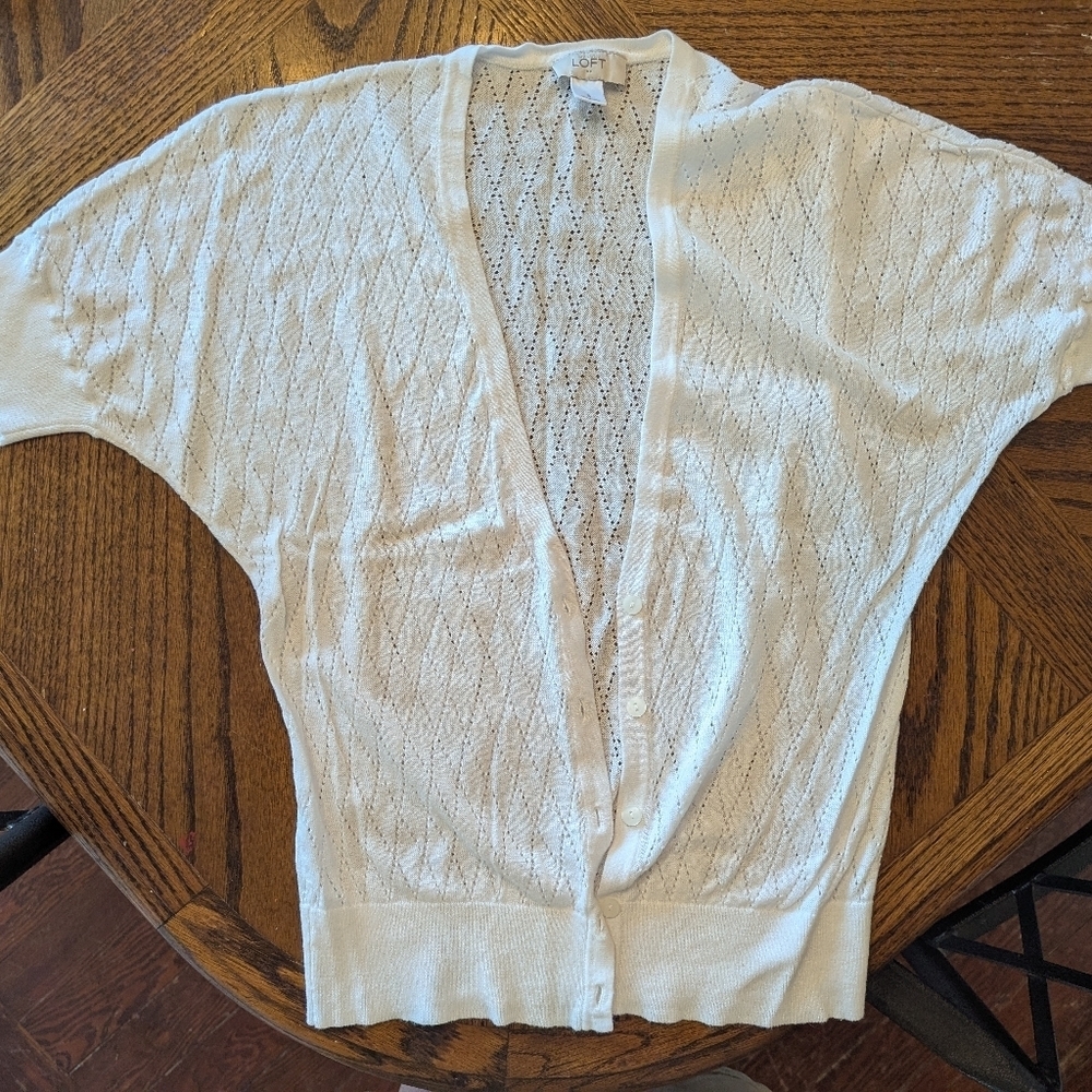 LOFT White Openwork Button-Front Cardigan